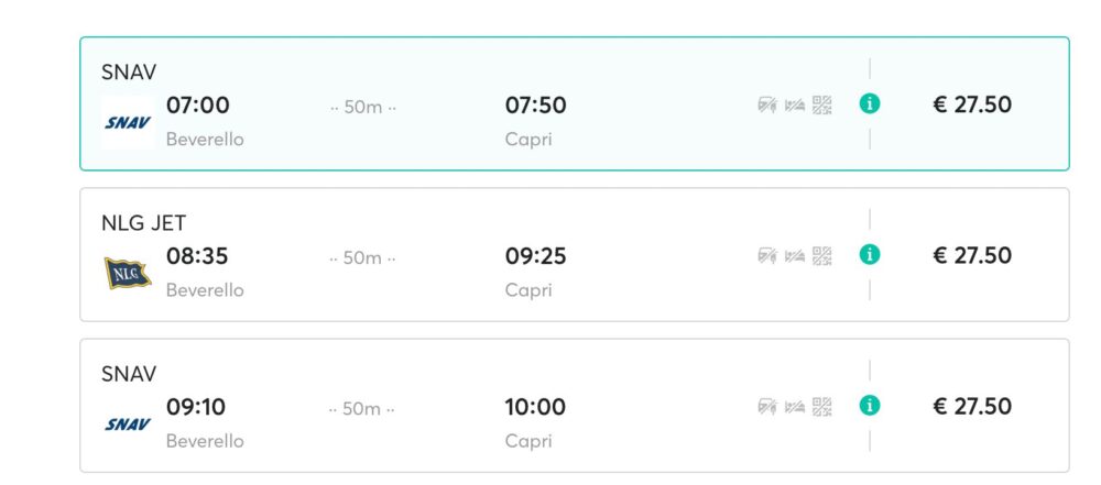 A list of SNAV and NLG ferries with their timetable